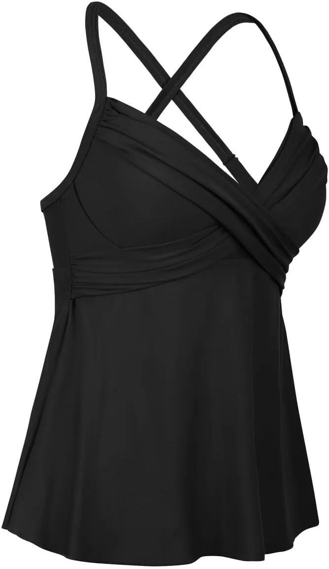 Hilor Women's Underwire Tankini Top Swimwear Twist V Neck Swimsuit for Big Busted Flared Flowy Bathing Suit