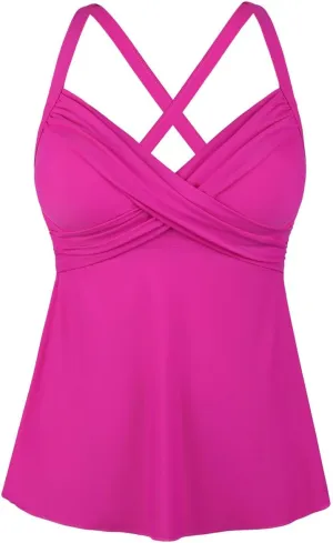 Hilor Women's Underwire Tankini Top Swimwear Twist V Neck Swimsuit for Big Busted Flared Flowy Bathing Suit