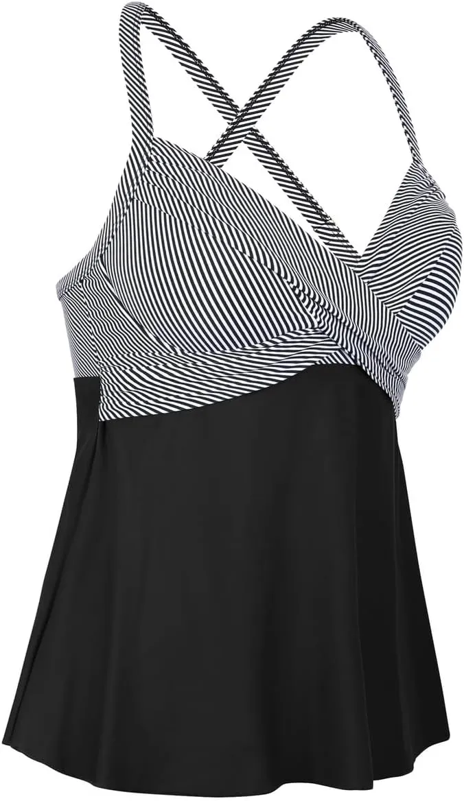 Hilor Women's Underwire Tankini Top Swimwear Twist V Neck Swimsuit for Big Busted Flared Flowy Bathing Suit
