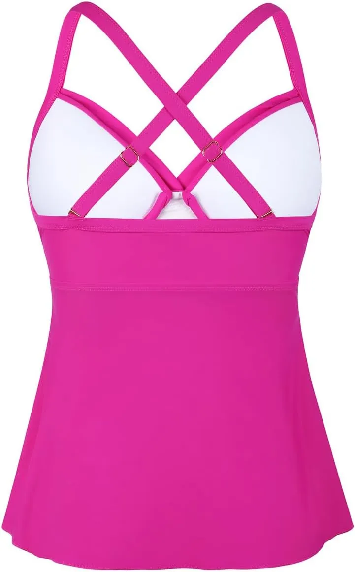 Hilor Women's Underwire Tankini Top Swimwear Twist V Neck Swimsuit for Big Busted Flared Flowy Bathing Suit