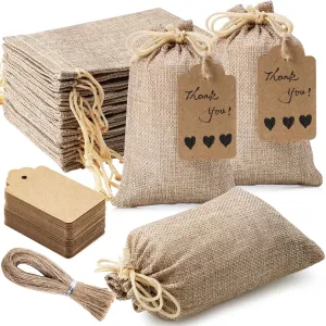 Homum 25Pcs Premium Burlap Gift Bags with Drawstring and 25Pcs Gift Tags & String, 4x6 Inch Reusable Gift Burlap Linen Sacks Bag for Wedding Favors Party Jewelry Pouches, Christmas, Coffee, DIY Craft
