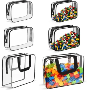 Huakaile 6 Pack Clear Travel Pouch Set, 3 Sizes Waterproof Plastic Toiletry Bag with Woven Handles, PVC Board Game Storage for Puzzle Blocks Stuffed Animal Doll Makeup Book Organization (6)