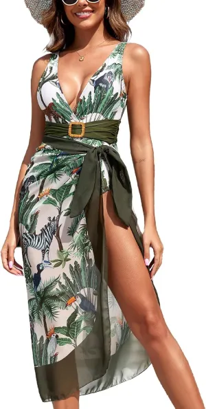 IDOPIP Women's One Piece Swimsuit with Beach Cover up Wrap Skirt Sarong Retro Floral Print Bikini Set Two Piece Bathing Suits