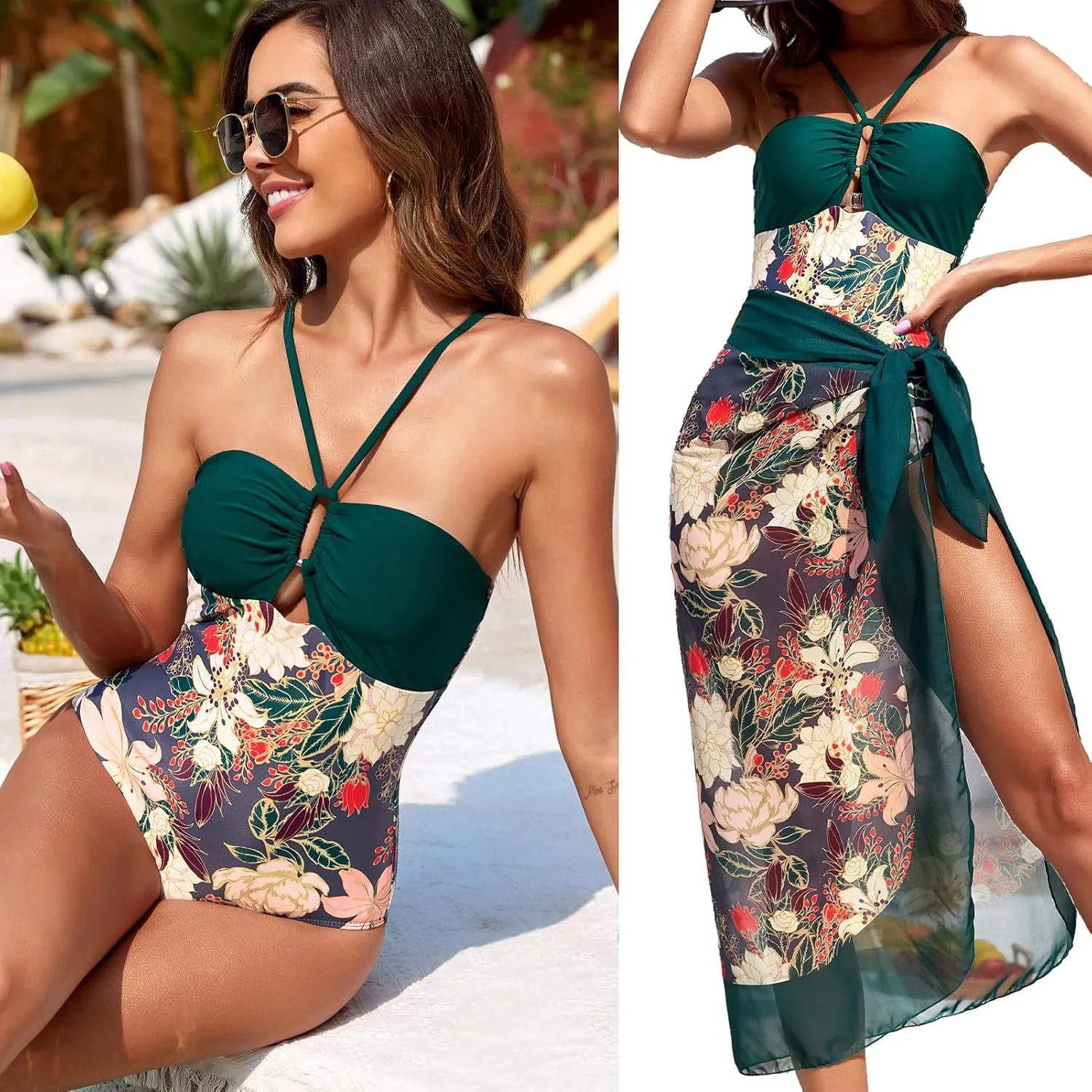 IDOPIP Women's One Piece Swimsuit with Beach Cover up Wrap Skirt Sarong Retro Floral Print Bikini Set Two Piece Bathing Suits
