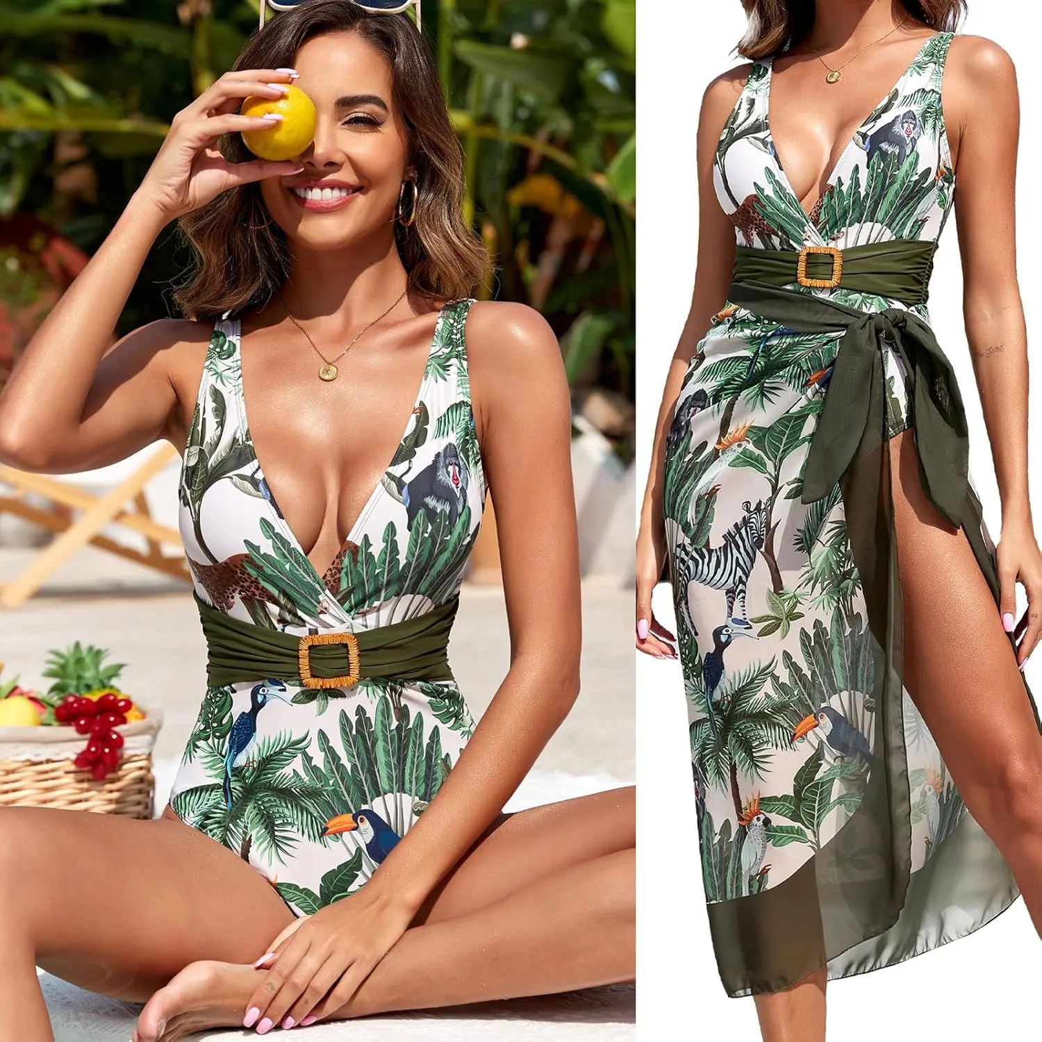 IDOPIP Women's One Piece Swimsuit with Beach Cover up Wrap Skirt Sarong Retro Floral Print Bikini Set Two Piece Bathing Suits