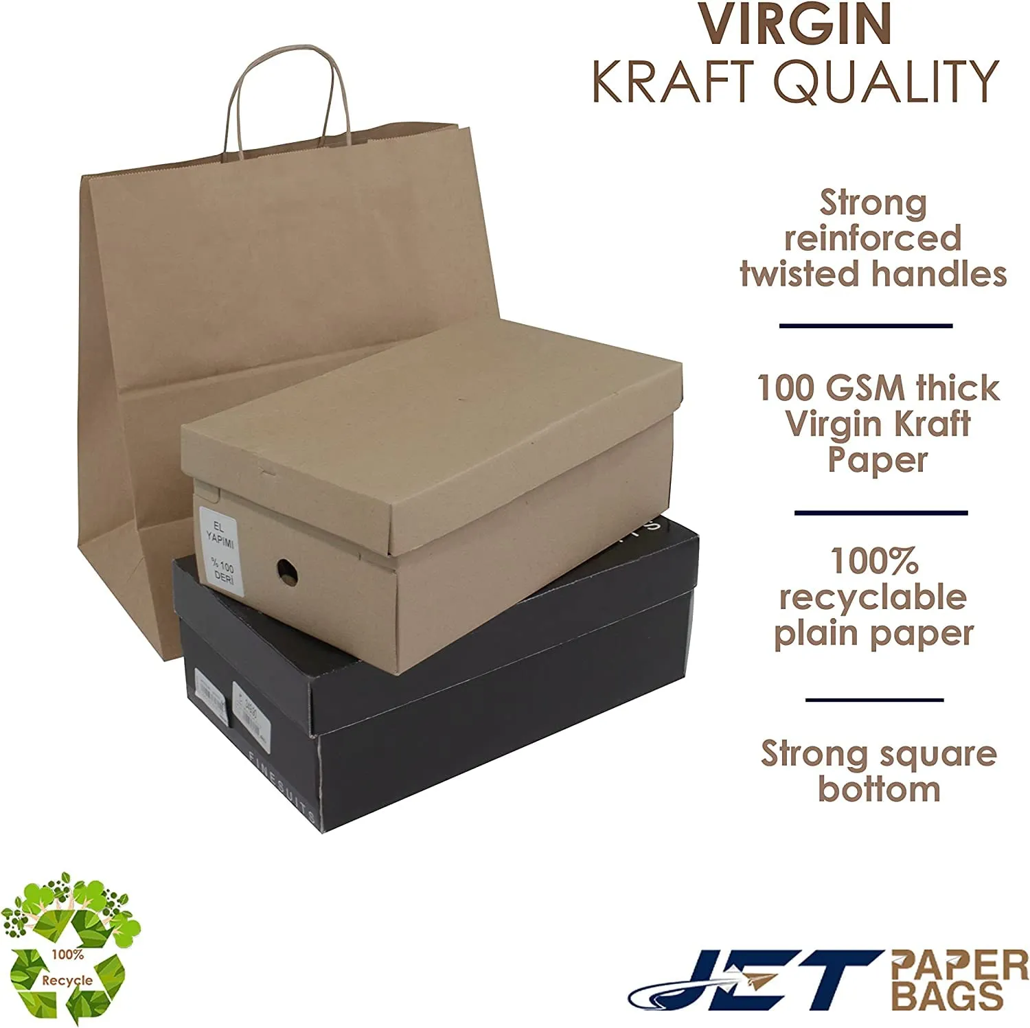 JET PAPER BAGS - 14x9x16 Inch [50 Pcs] Large Brown Paper Bags with Handles Prime for Takeout, Grocery, Goody, Retail, Party, Gifts, Weddings - Recyclable Kraft Paper Gift Bags with Handles