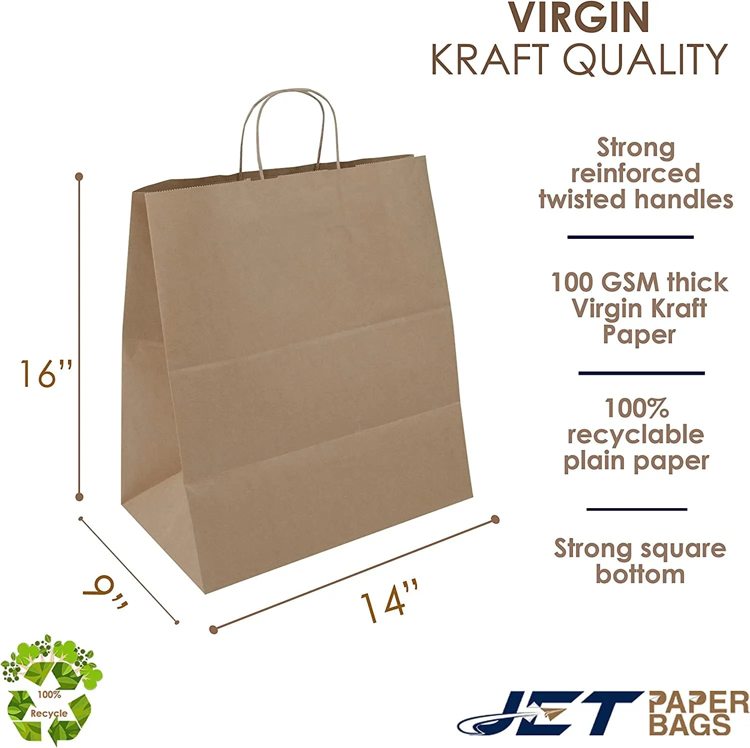 JET PAPER BAGS - 14x9x16 Inch [50 Pcs] Large Brown Paper Bags with Handles Prime for Takeout, Grocery, Goody, Retail, Party, Gifts, Weddings - Recyclable Kraft Paper Gift Bags with Handles