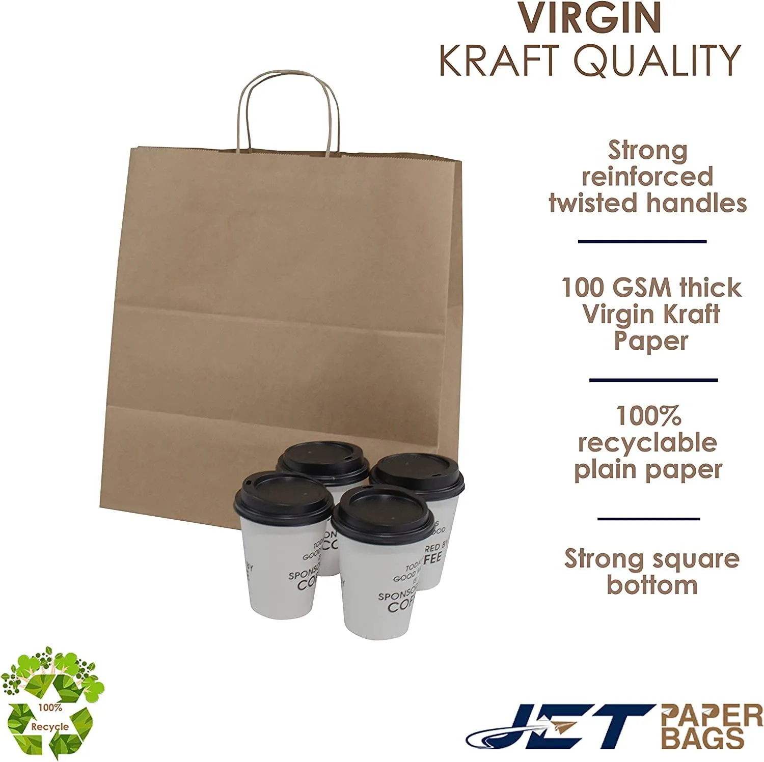 JET PAPER BAGS - 14x9x16 Inch [50 Pcs] Large Brown Paper Bags with Handles Prime for Takeout, Grocery, Goody, Retail, Party, Gifts, Weddings - Recyclable Kraft Paper Gift Bags with Handles