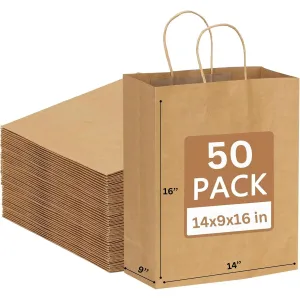 JET PAPER BAGS - 14x9x16 Inch [50 Pcs] Large Brown Paper Bags with Handles Prime for Takeout, Grocery, Goody, Retail, Party, Gifts, Weddings - Recyclable Kraft Paper Gift Bags with Handles