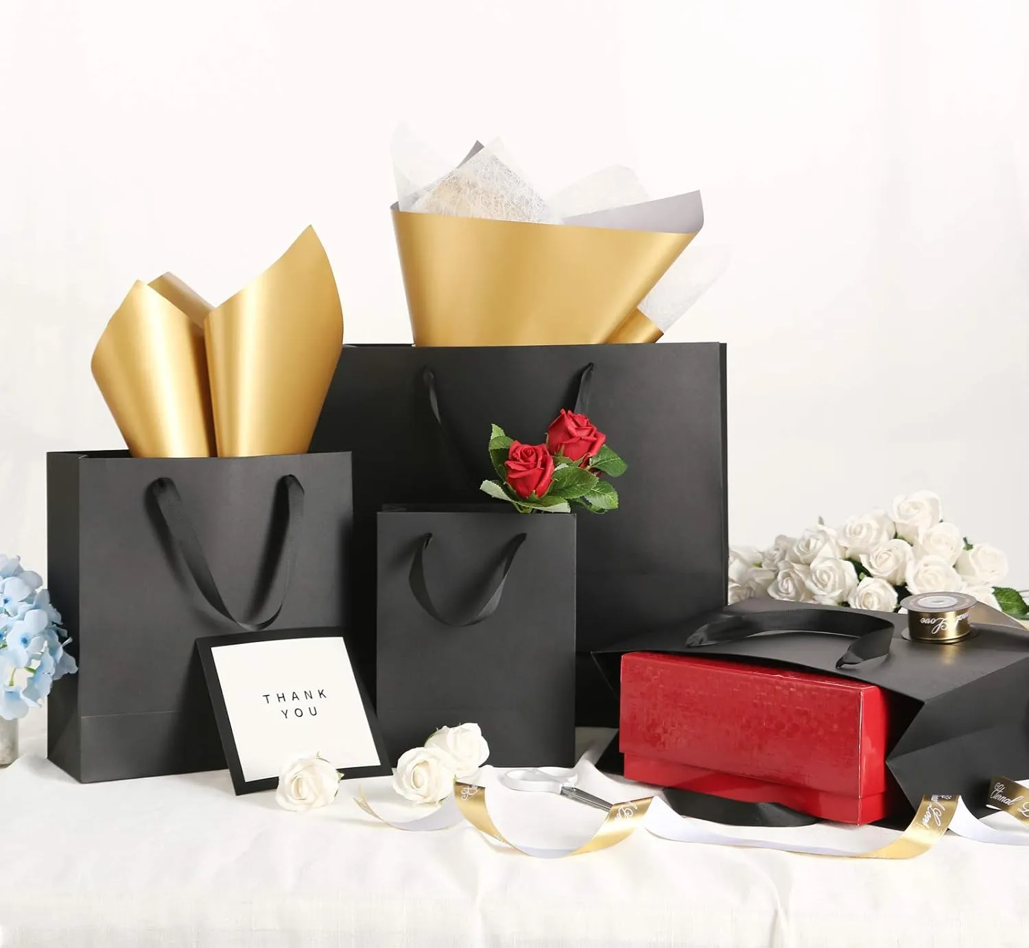 JINMING 4 Gift Bags 7x4x9 Inches, Matte Black Gift Bags, Small Gift Bags Bulk for Light Weight Gift, Premium Gift Bags with Handles for All Occasions