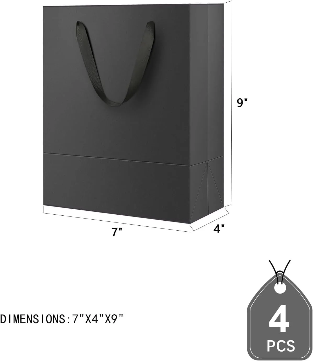 JINMING 4 Gift Bags 7x4x9 Inches, Matte Black Gift Bags, Small Gift Bags Bulk for Light Weight Gift, Premium Gift Bags with Handles for All Occasions