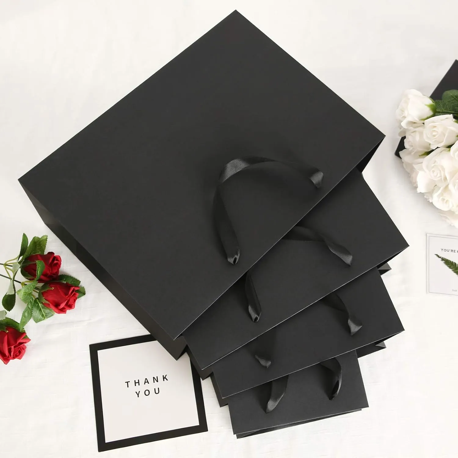 JINMING 4 Gift Bags 7x4x9 Inches, Matte Black Gift Bags, Small Gift Bags Bulk for Light Weight Gift, Premium Gift Bags with Handles for All Occasions