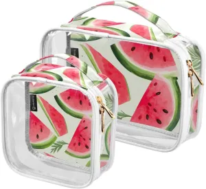 Joko Ivery Watermelon Leaves 2 Pieces Clear Makeup Cosmetic Toiletry Bags for Women Men PVC Waterproof Travel Storage Carry Pouch with Gold Zippers Transparent Storage Bag for Organizing Bathroom