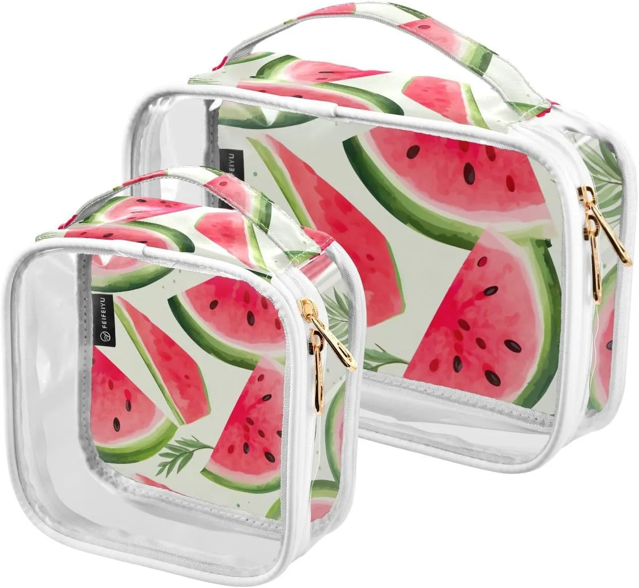 Joko Ivery Watermelon Leaves 2 Pieces Clear Makeup Cosmetic Toiletry Bags for Women Men PVC Waterproof Travel Storage Carry Pouch with Gold Zippers Transparent Storage Bag for Organizing Bathroom