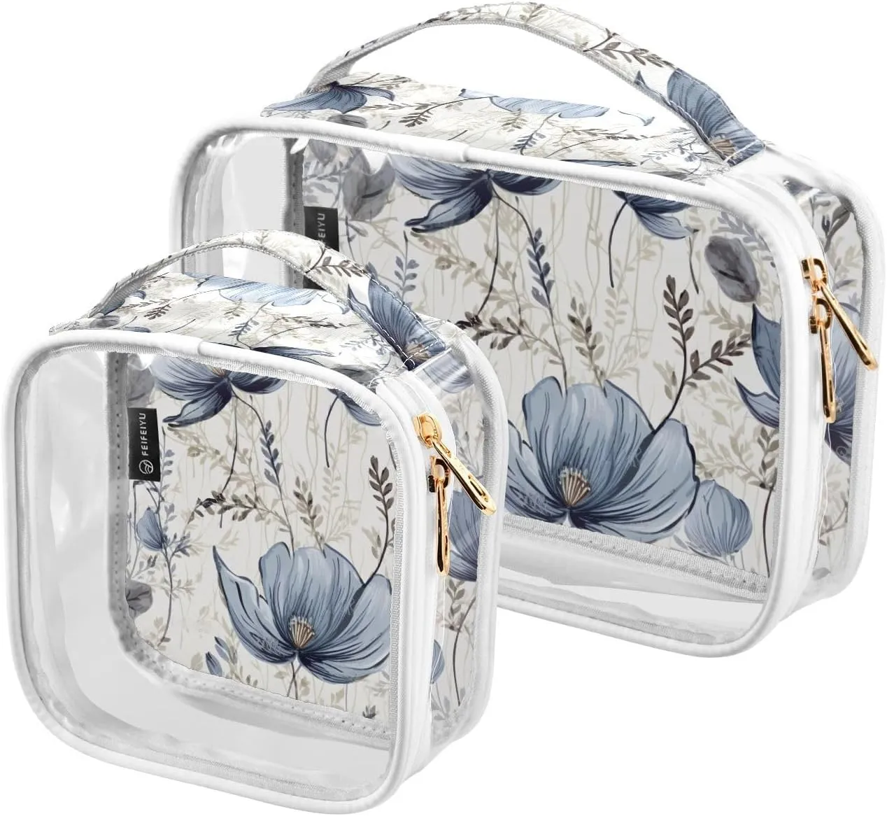 Joko Ivery White Blue Flowers Watercolor 2 Pieces Clear Makeup Cosmetic Toiletry Bags for Women Men PVC Waterproof Travel Storage Carry Pouch with Gold Zippers Plastic Tote Bags for Bathroom