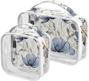 Joko Ivery White Blue Flowers Watercolor 2 Pieces Clear Makeup Cosmetic Toiletry Bags for Women Men PVC Waterproof Travel Storage Carry Pouch with Gold Zippers Plastic Tote Bags for Bathroom