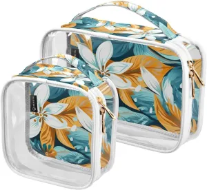 Joko Ivery White Flowers Gold Leaves 2 Pieces Clear Makeup Cosmetic Toiletry Bags for Women Men PVC Waterproof Travel Storage Carry Pouch with Gold Zippers Plastic Tote Bags for Bathroom Organizing