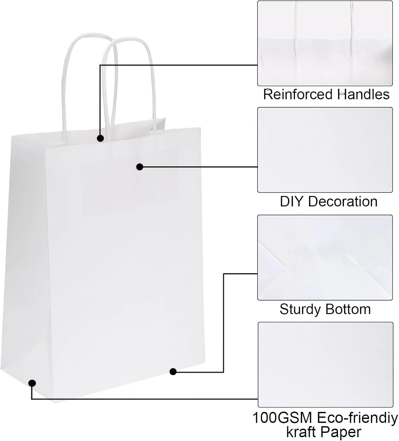 Joybe 50 Pack 6x3.25x8 Inch Small White Paper Bags with Handles Bulk, Kraft Paper Gift Bags for Birthday Party Favors Grocery Retail Shopping Business Goody Merchandise Craft Blank Sacks (50pcs)
