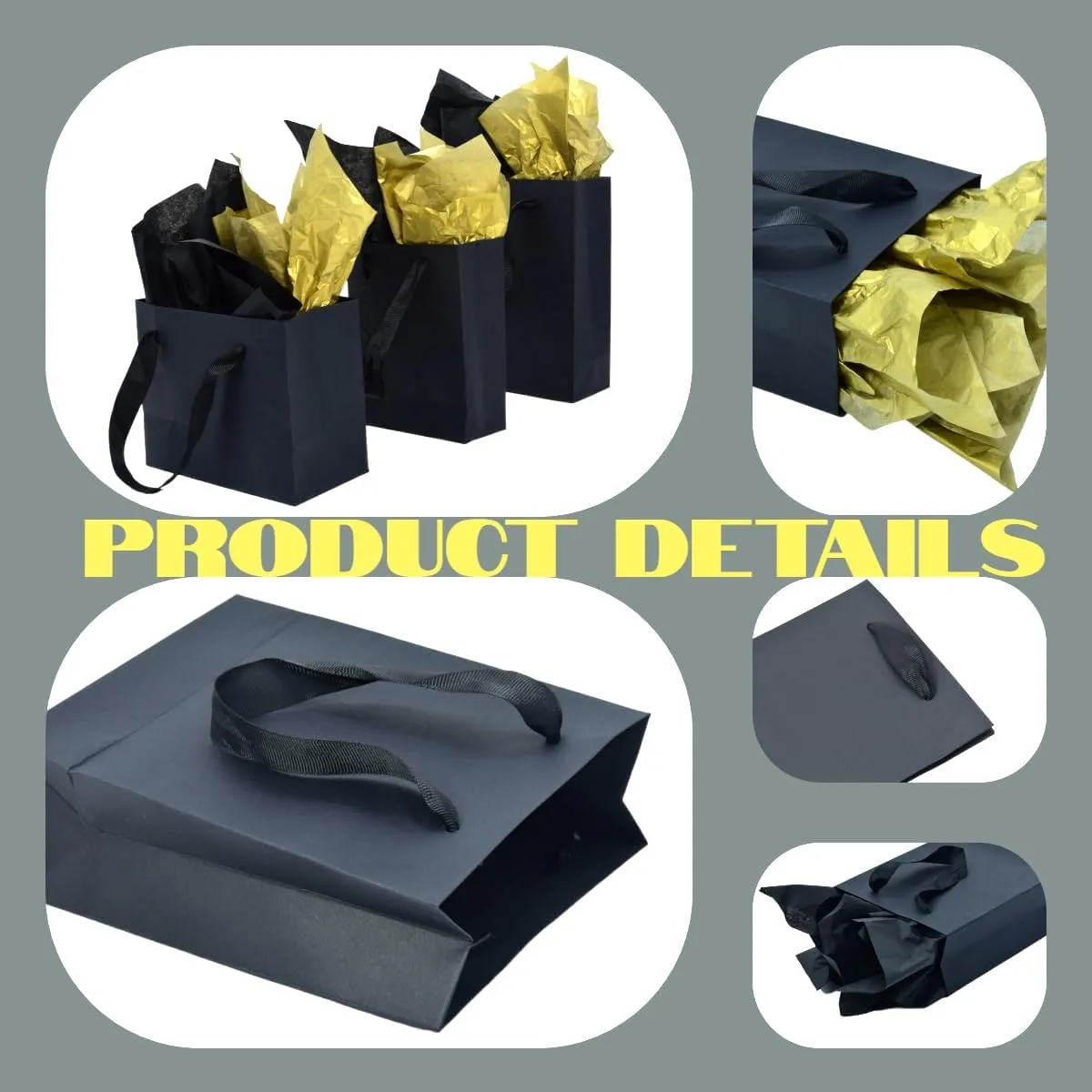 JUNESHE Small Gift Bags with Handles & Tissue Paper,4 Pack Mini Black Gift Bags, Extra Small Black Goodie Bags, Tiny Gift Wrap for Birthday Party Favors, Baby Shower