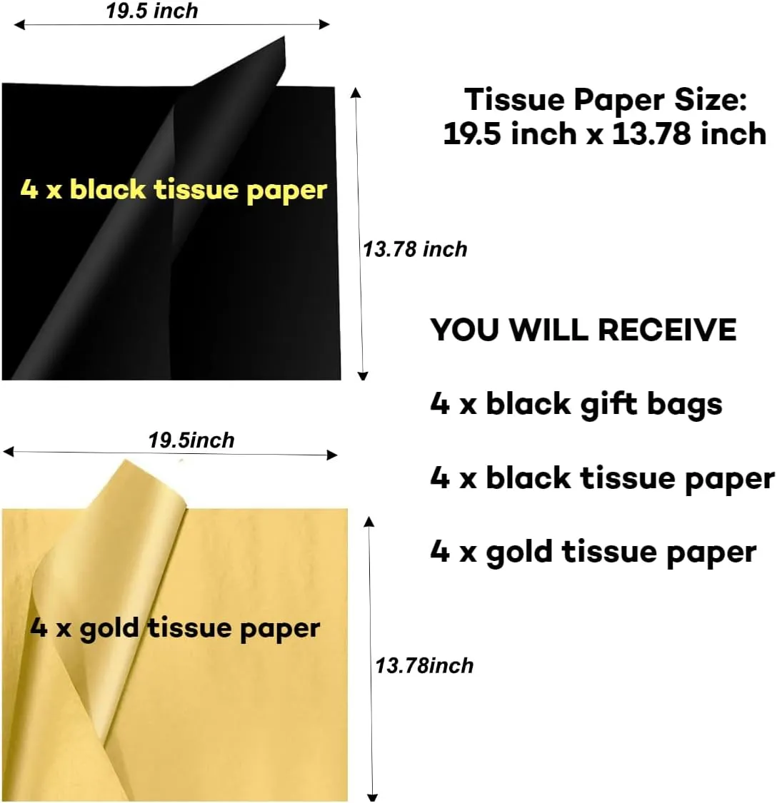JUNESHE Small Gift Bags with Handles & Tissue Paper,4 Pack Mini Black Gift Bags, Extra Small Black Goodie Bags, Tiny Gift Wrap for Birthday Party Favors, Baby Shower