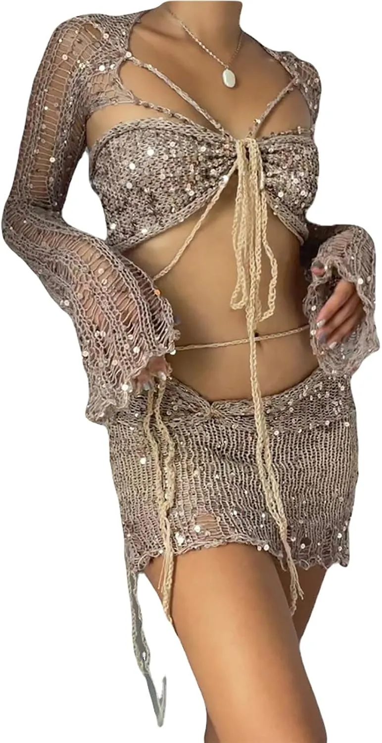 Juniors Matching Formal Disco Club Tops Skorts Swimsuits Kimono Coverups Sets for Women Skort Sets