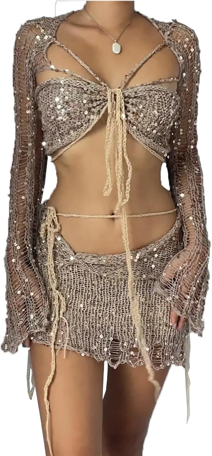 Juniors Matching Formal Disco Club Tops Skorts Swimsuits Kimono Coverups Sets for Women Skort Sets