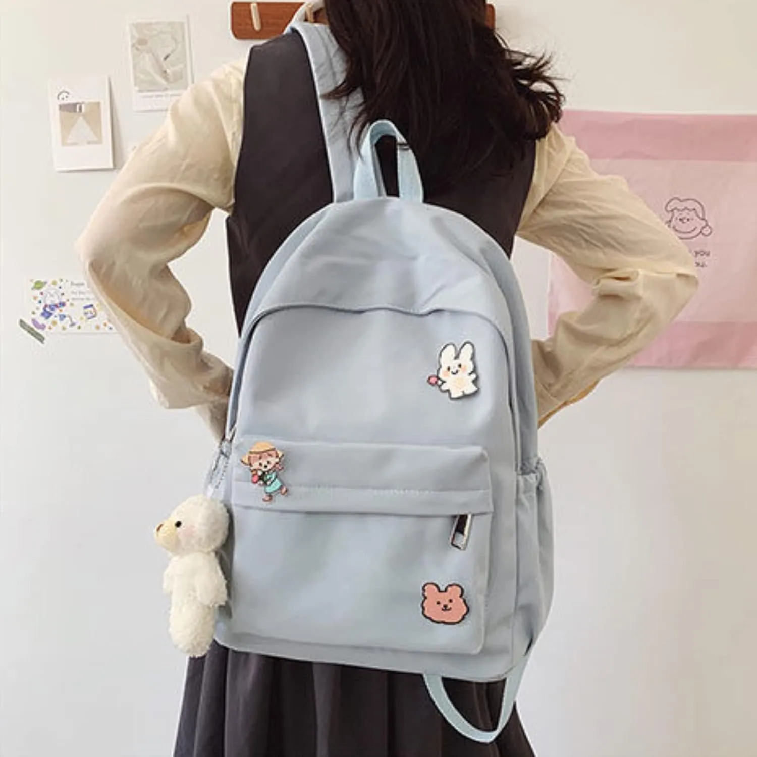Kawaii Cute Aesthetic School Laptop Backpack with Accessories Pin Plush Pendant for Teen Girls, Students