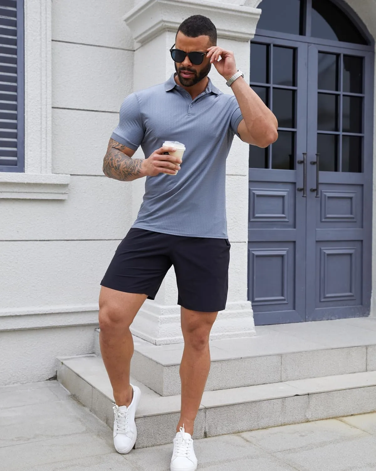 KAWATA Men's Muscle Polo Shirts Dry Fit Short Sleeve Stretch Slim Fit T Shirts Workout Golf Shirt