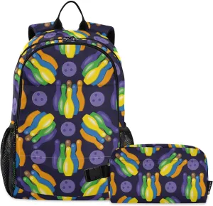 Kids Backpack for Girls Boys Bowling Ball Bowling Pins Shoes Kindergarten School Bag with Lunch Box Preschool Bookbag Set