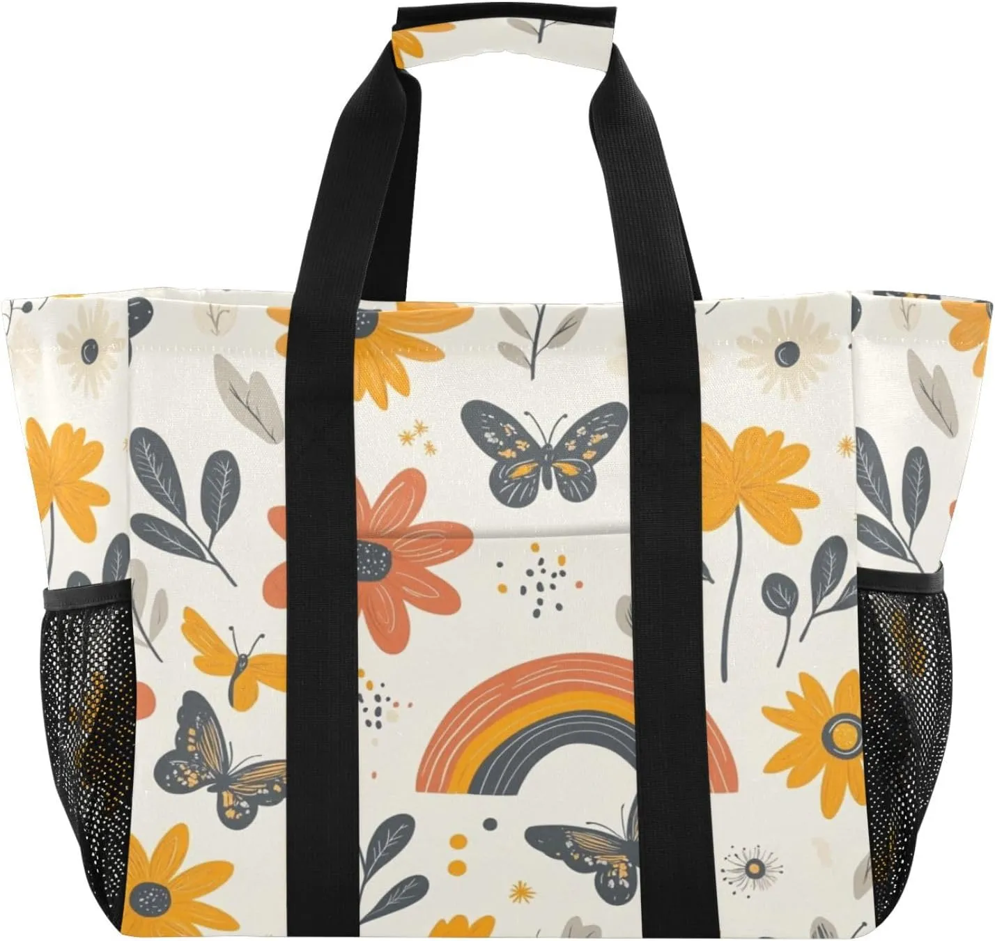Kigai Butterfly Flowers Reusable Grocery Bag with Handles Waterproof Foldable Extra Large Tote Shopping Bag Standing Organizer for Picnics, Beach, Pool, Laundry, Car, Camping