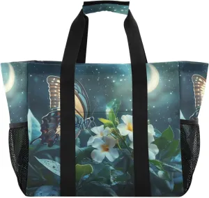 Kigai Butterfly Flowers Reusable Grocery Bag with Handles Waterproof Foldable Extra Large Tote Shopping Bag Standing Organizer for Picnics, Beach, Pool, Laundry, Car, Camping