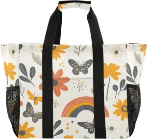 Kigai Butterfly Flowers Reusable Grocery Bag with Handles Waterproof Foldable Extra Large Tote Shopping Bag Standing Organizer for Picnics, Beach, Pool, Laundry, Car, Camping