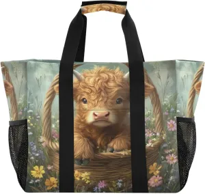 Kigai Highland Cow Flowers Reusable Grocery Bag with Handles Waterproof Foldable Extra Large Tote Shopping Bag Standing Organizer for Picnics, Beach, Pool, Laundry, Car, Camping