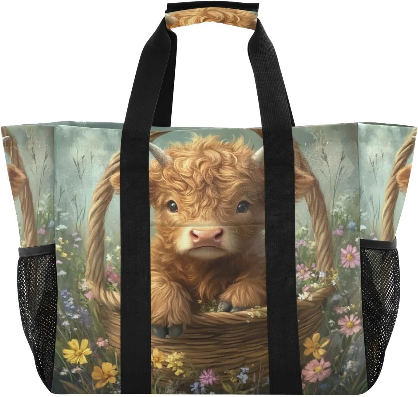 Kigai Highland Cow Flowers Reusable Grocery Bag with Handles Waterproof Foldable Extra Large Tote Shopping Bag Standing Organizer for Picnics, Beach, Pool, Laundry, Car, Camping