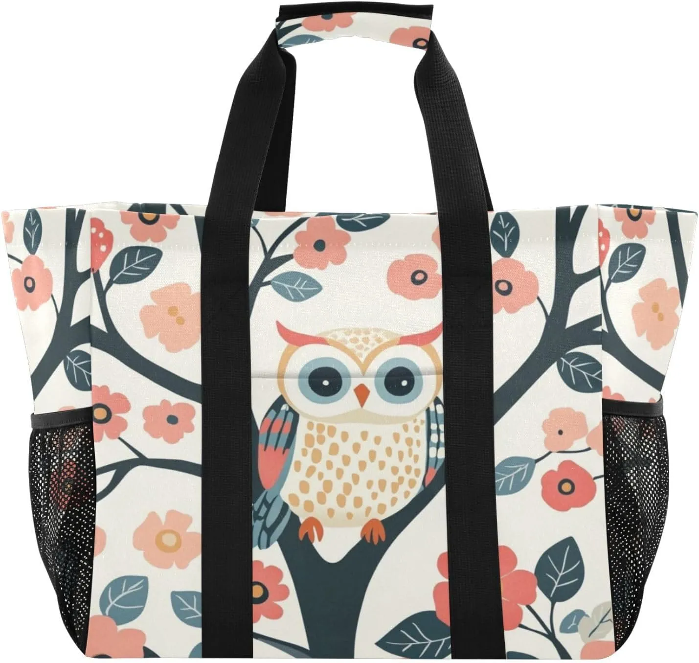 Kigai Owls Flowers Reusable Grocery Bag with Handles Waterproof Foldable Extra Large Tote Shopping Bag Standing Organizer for Picnics, Beach, Pool, Laundry, Car, Camping