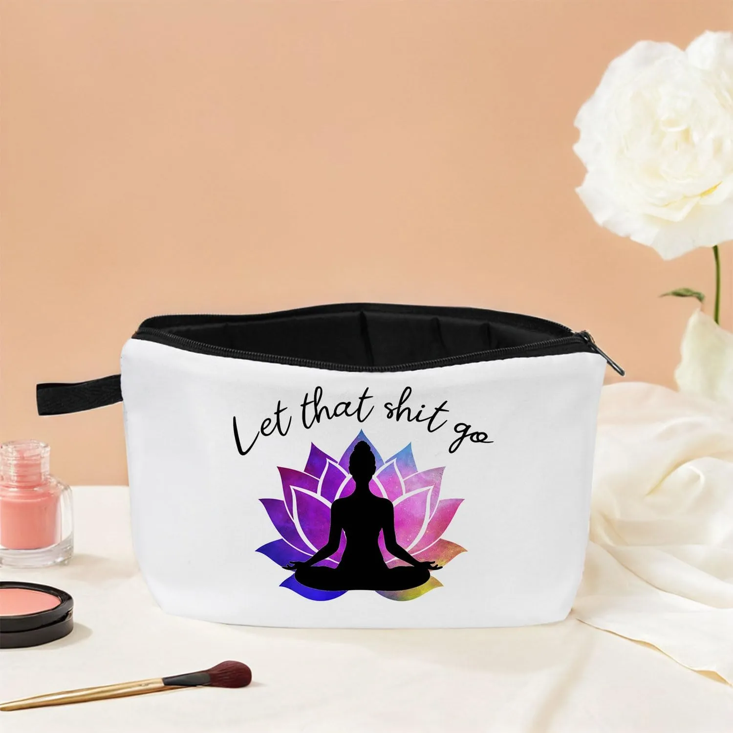 Let That Go Makeup Bag Cosmetic Bag Pouch Yoga Instructor Yoga Accessories Women Funny Meditation Gift Zen Gifts Yoga Accessories for Women Meditation Gift for Namaste Yoga Toiletry Bag