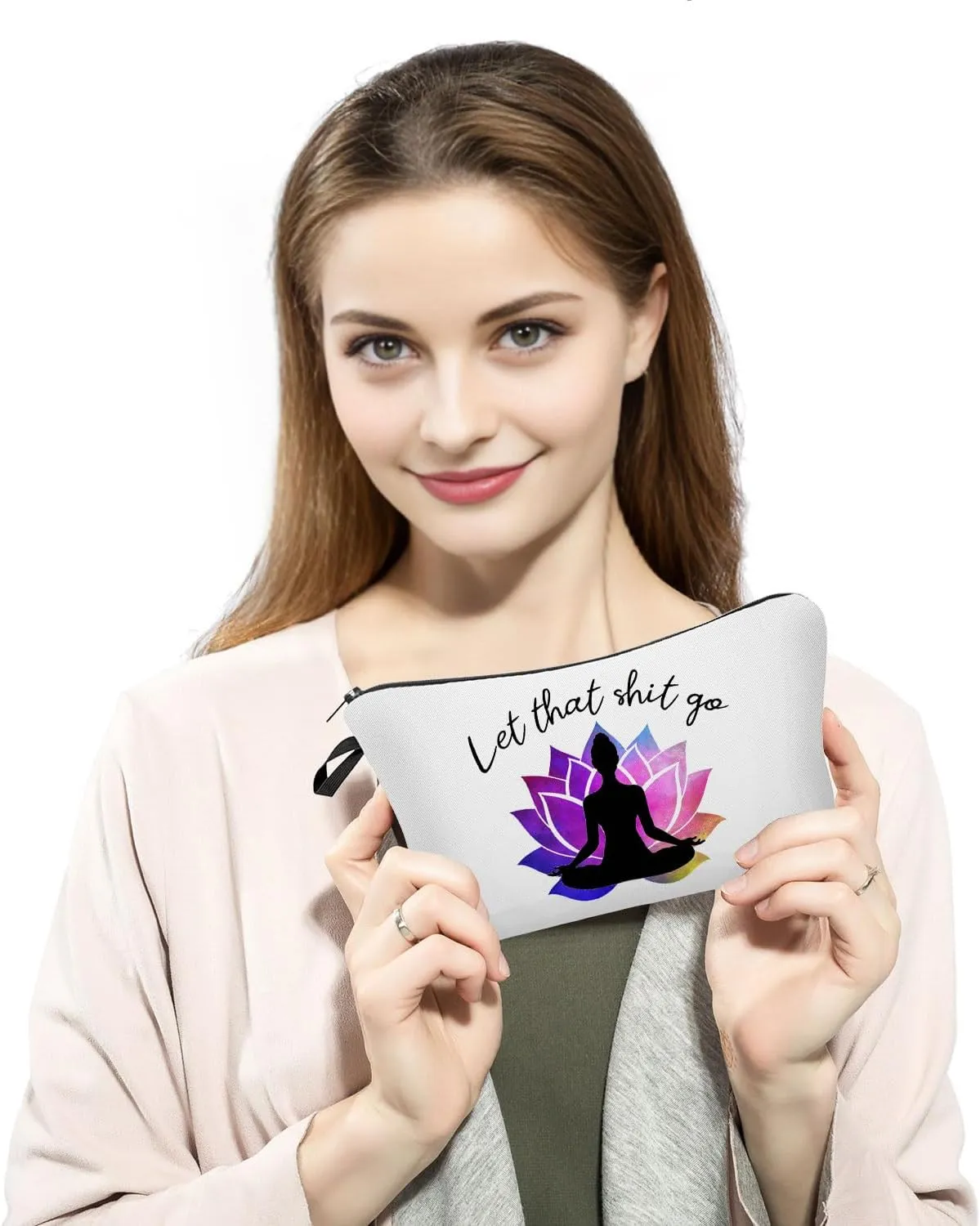 Let That Go Makeup Bag Cosmetic Bag Pouch Yoga Instructor Yoga Accessories Women Funny Meditation Gift Zen Gifts Yoga Accessories for Women Meditation Gift for Namaste Yoga Toiletry Bag