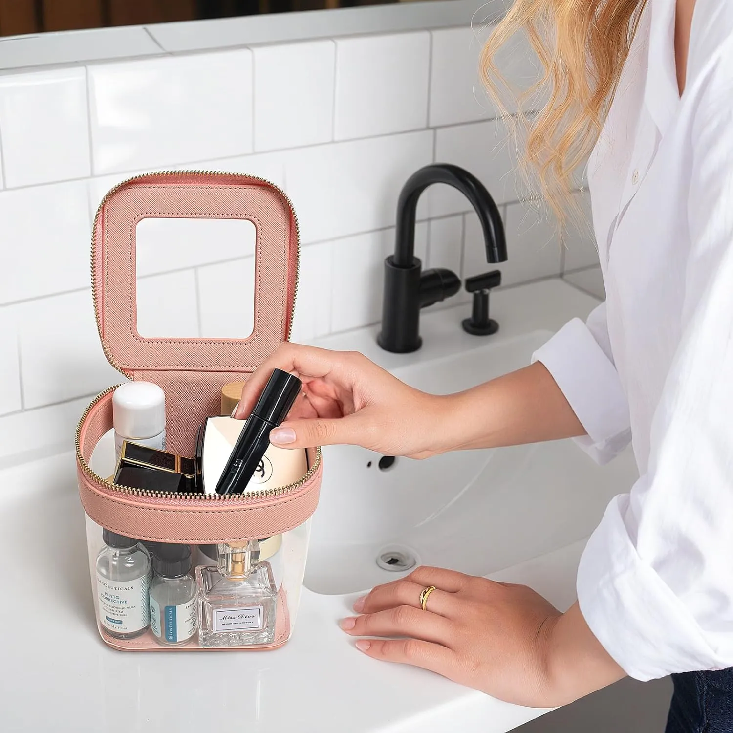 LETGO Clear Mini Makeup Bag | Small Cosmetic Bag for Purse | Cute Leather Makeup Pouch | Car Travel Essentials Organizer for Women (Pink)