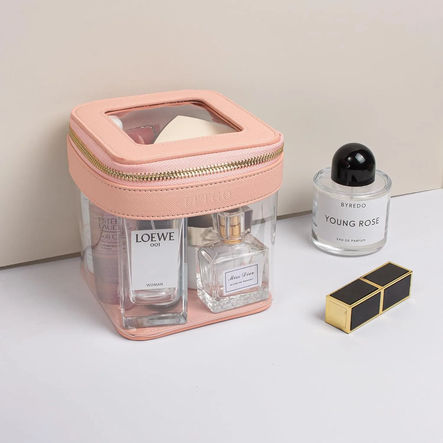 LETGO Clear Mini Makeup Bag | Small Cosmetic Bag for Purse | Cute Leather Makeup Pouch | Car Travel Essentials Organizer for Women (Pink)
