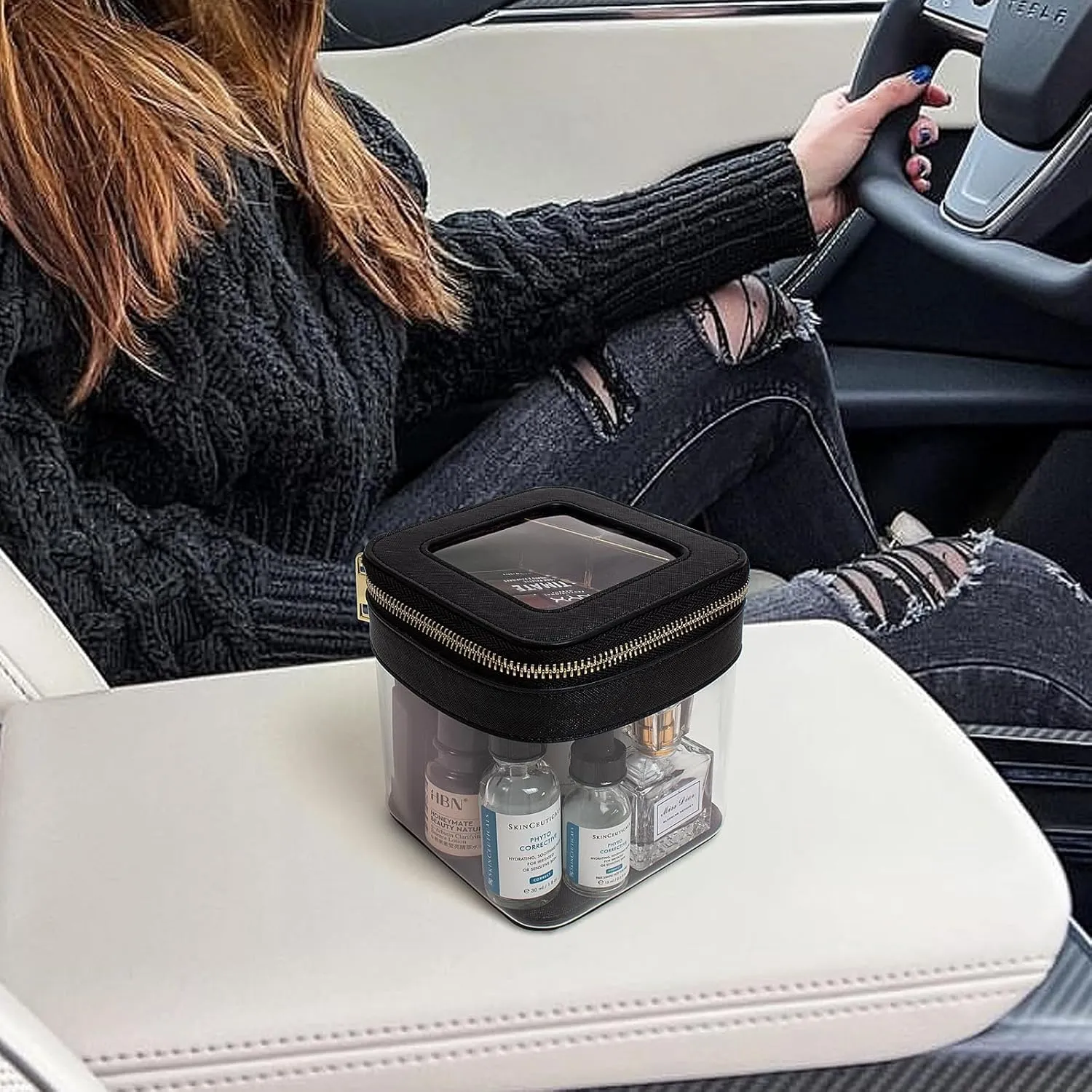 LETGO Clear Mini Makeup Bag | Small Cosmetic Pouch | Cute Leather Makeup Pouch | Purse Organizer | Car Travel Essentials (Black)