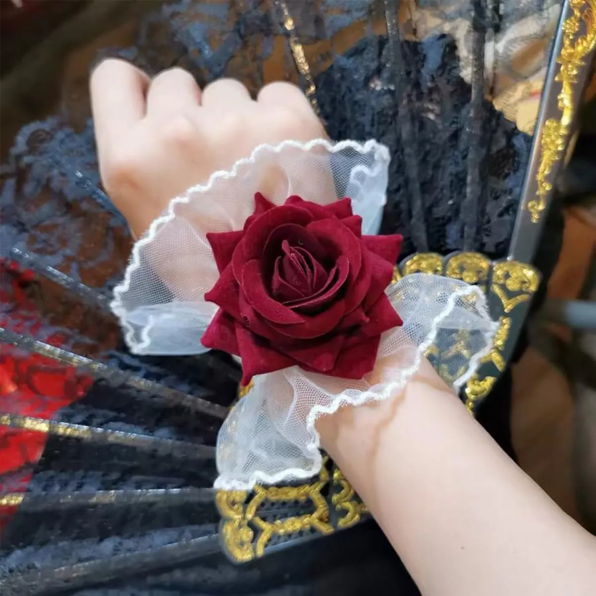 Lolita Rose Lace Gloves Short Hand Sleeve Elastic Wristlet Fingerless Wristband Accessories for Women