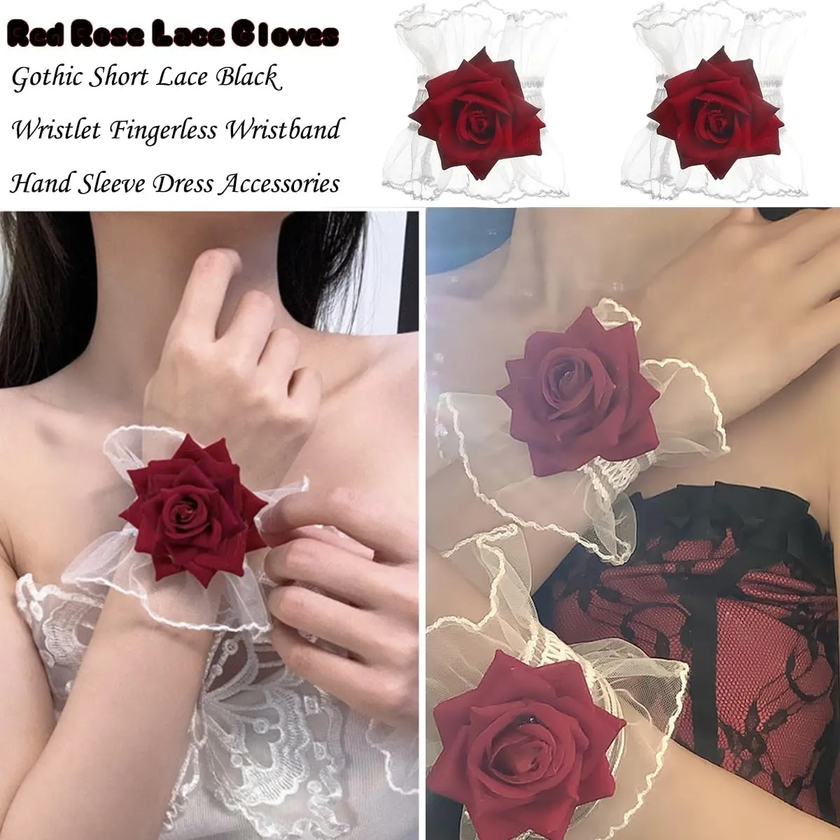 Lolita Rose Lace Gloves Short Hand Sleeve Elastic Wristlet Fingerless Wristband Accessories for Women