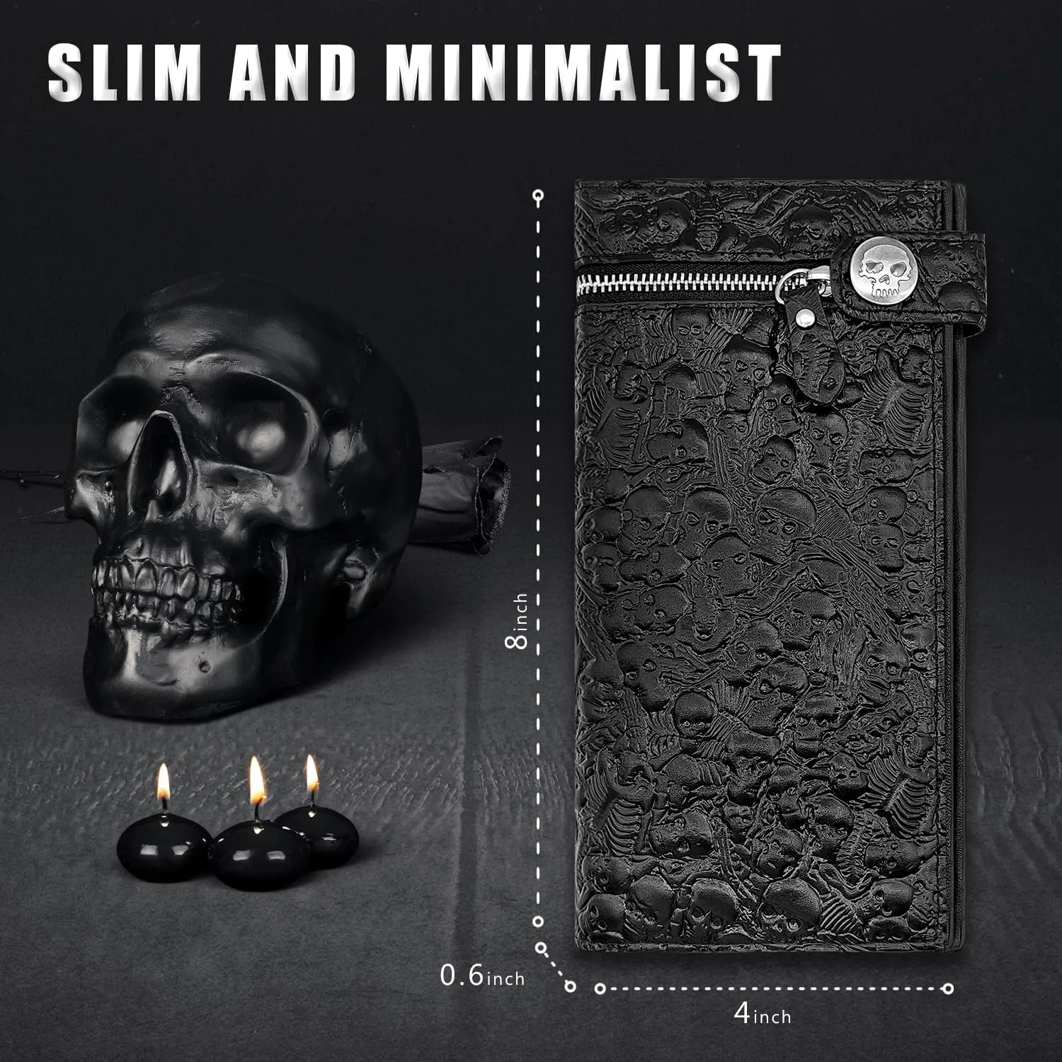 Long Chain Wallet Leather Skull Gothic Punk Bifold Halloween Goth Accessories,Unisex - Midnight Black