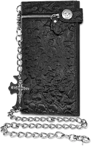 Long Chain Wallet Leather Skull Gothic Punk Bifold Halloween Goth Accessories,Unisex - Midnight Black