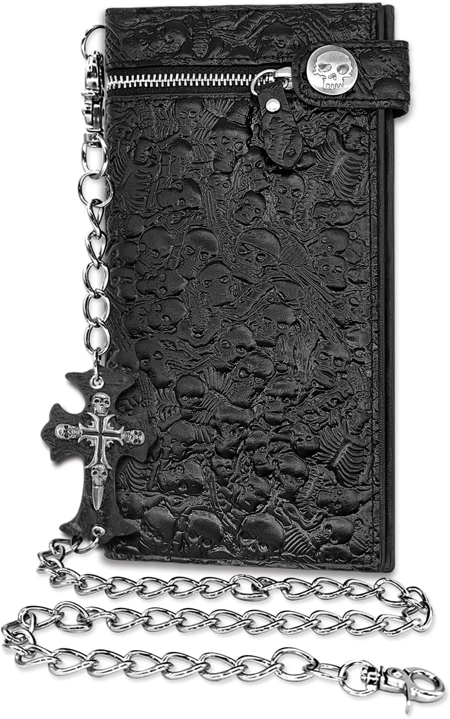 Long Chain Wallet Leather Skull Gothic Punk Bifold Halloween Goth Accessories,Unisex - Midnight Black