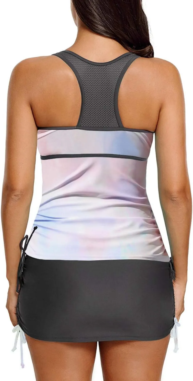luvamia Women's 2 Pieces Print Zip Front Racerback Tankini Set Swimsuits with Skirt