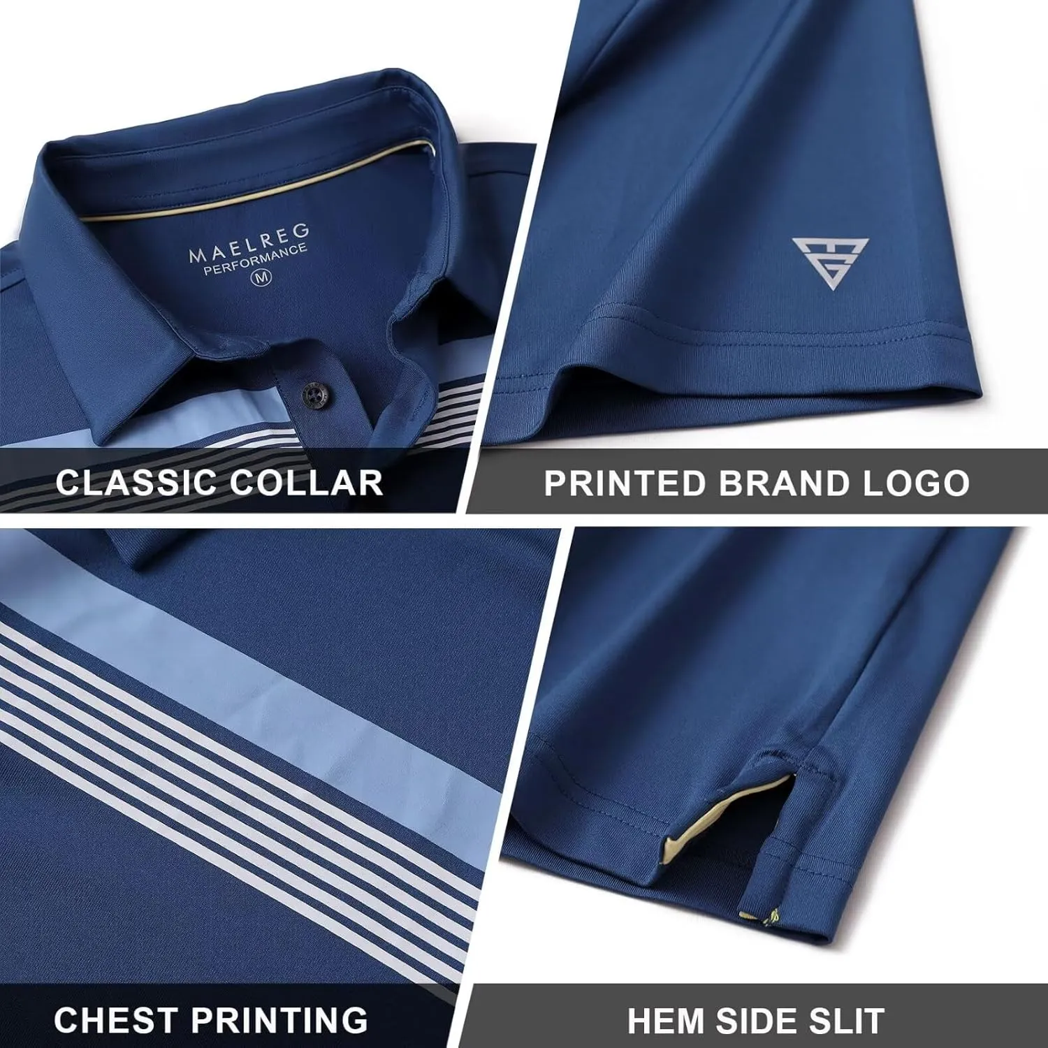 M MAELREG Golf Shirts for Men Short Sleeve Regular Fit Moisture Wicking Performance Casual Striped Print Mens Polo Shirts