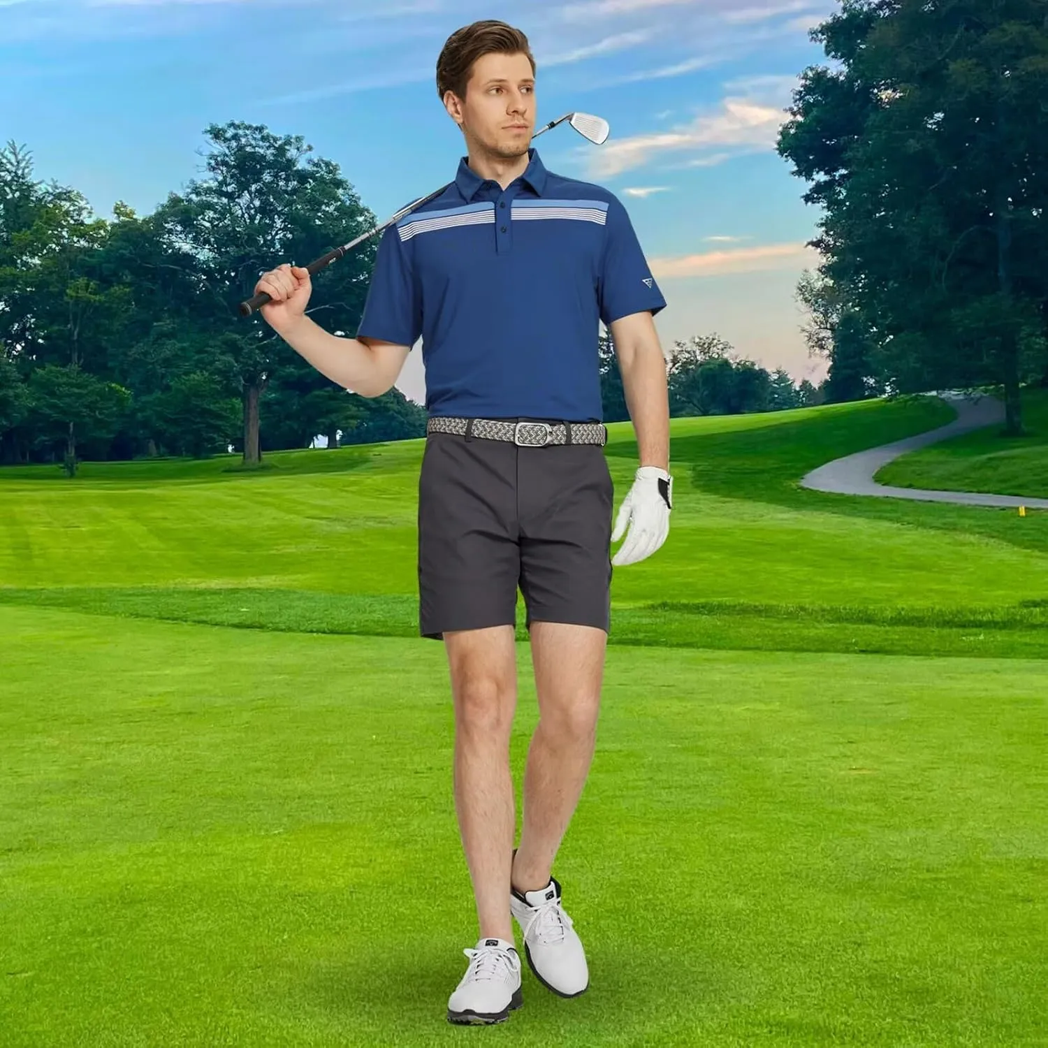 M MAELREG Golf Shirts for Men Short Sleeve Regular Fit Moisture Wicking Performance Casual Striped Print Mens Polo Shirts