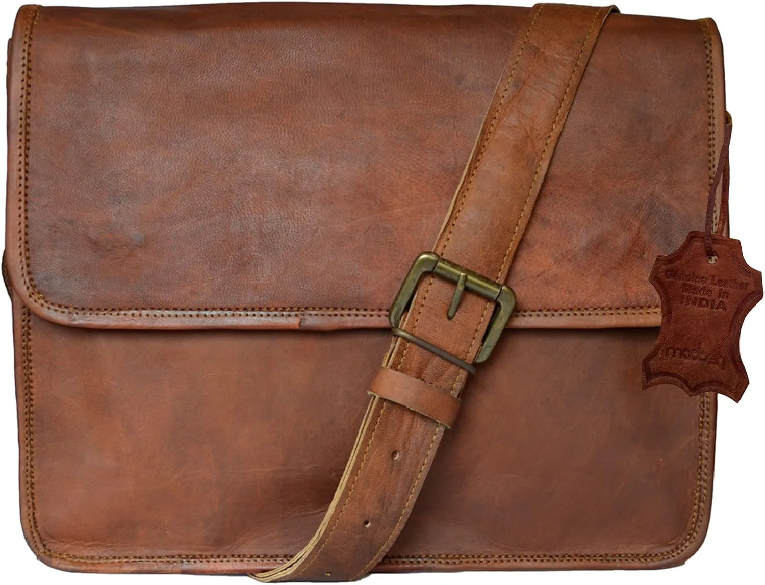Madosh, Mens Brown Laptop Shoulder Bag Vintage Briefcase Bag Business Messenger Genuine Leather Crossbody Bags