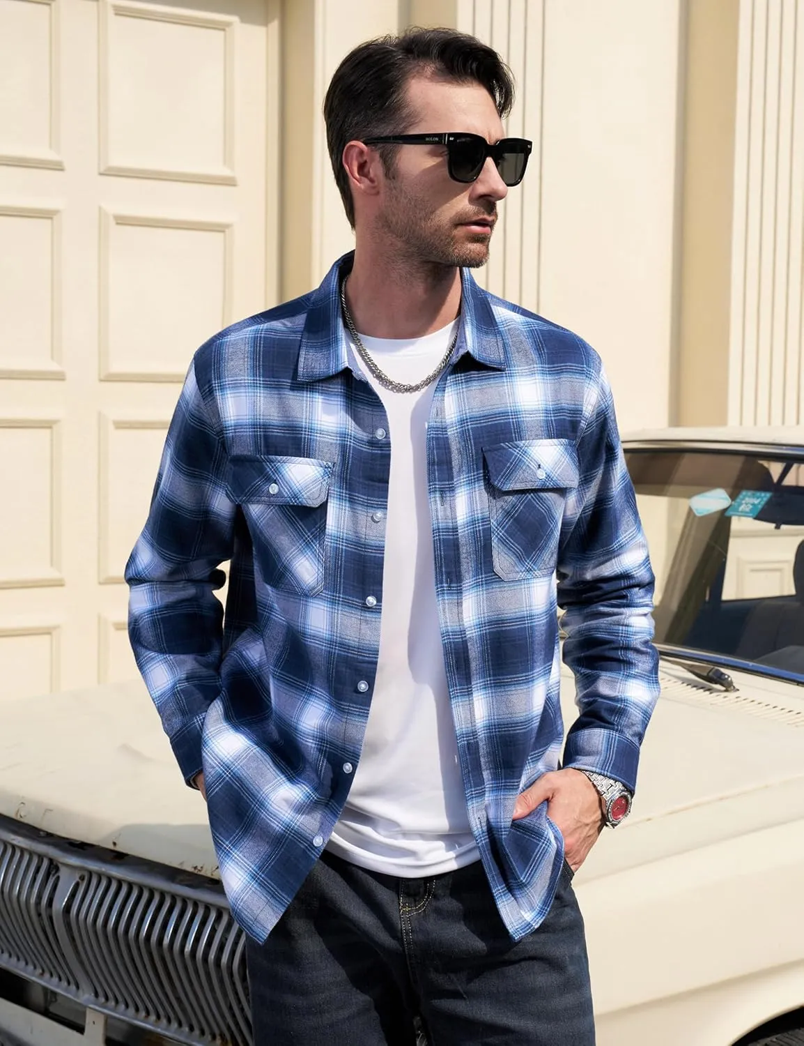 MAGCOMSEN Men's Flannel Shirts Cotton Long Sleeve Plaid Shirt Casual Fashion Button Up Shirts Jackets with 2 Pockets